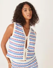 エイソス レディース トップス タンクトップ ニット ASOS DESIGN knitank top with bow front in multi crochet stitch part of a set BURG AND BLUE ブルー