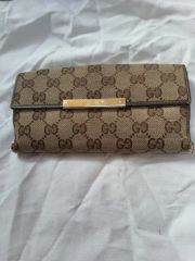 美品GUCCI GGキャンバス 長財布 ダークブラウン レザー ウォレット
