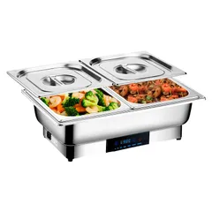 新品 ビュッフェサーバー チェーフィングディッシュ 湯煎式 chafing dish 13.5L food warm 平蓋 保温調理鍋 ステンレス製 温度調整加熱ウォーマー温度制御 保温トレイ 電気ミールストーブ100v (角型2連)のサムネイル