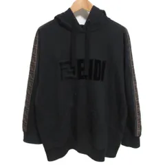 美品 FENDI フェンディ ズッカ柄ライン フェルトロゴ スウェット プルオーバー フーディ パーカー 小さいサイズ XS ブラック レディース 古着 中古 USEDのサムネイル