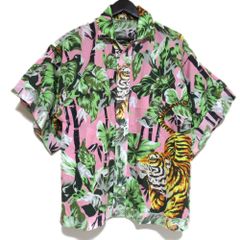 미사용 KENZO 켄조 MEMENTO COLLECTION 2 대나무×타이거 프린트 코튼 린넨 반소매 오픈 칼라 알로하 셔츠 34 핑크 맨즈 헌 옷 ​​중고 USED
