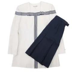 良品 miss ashida ミスアシダ スカートスーツ セットアップ ノーカラージャケット プリーツスカート 9 アイボリーxネイビー レディース 古着 中古 USED