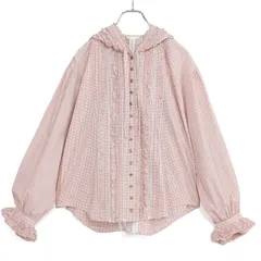 【美品】ピンクハウス★ふりふりブラウス ピコレース ピコフリル 前開き フード付 段々重ねフリル風 ギンガムチェック ピンタック ピンク系 z20136