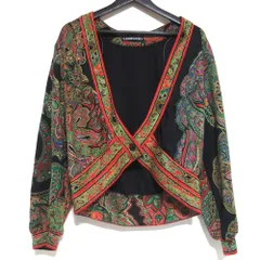 美品 LEONARD レオナール ペイズリー柄 シルクニット Vネック ノーカラージャケット Mサイズ ブラック系 レディース 古着 中古 USEDのサムネイル