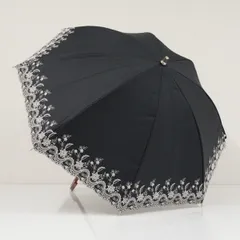日傘 Borsalino ボルサリーノ USED美品 晴雨兼用 サマーシールド スカラップ刺繍 フラワー ブラック 木製手元 47cm S3913のサムネイル