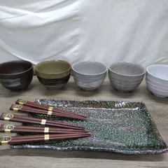 和食器 美濃焼 民芸品 五釉・箸付き多用碗揃 <!-利用不可文字-!>長皿＆小丼碗＆お箸 11点セット 箱入 美品 長期間保管品 X494のサムネイル