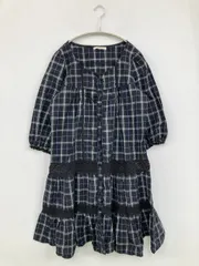 nan-haitu ワンピース LL ネイビー コットン チェック柄 レース フリル 半端袖 ひざ丈 レディースのサムネイル