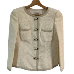 美品 ARMANI COLLEZIONI アルマーニコレッツィオーニ ノーカラー ツイードジャケット サイズ40 アイボリー レディース 古着 中古 USEDのサムネイル