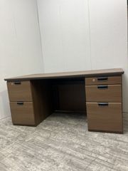 パモウナ 家具 2人掛け ブラウン木製デスク 引き出し3つ ケーブル