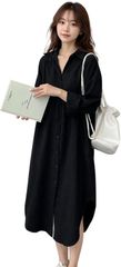 그린 파키라 롱 셔츠 레이디스 긴 소매 셔츠 원피스 탑스 블라우스 겉옷 면 100% 앞열림 큰 사이즈 체형 커버 겹쳐 입고 돌려 칼라 첨부 무릎 길이 캐주얼 무지 (블랙, M)