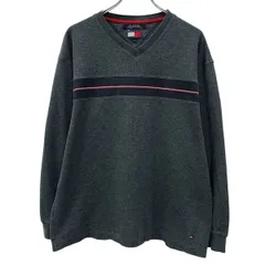 TOMMY HILFIGER 長袖 ロゴTシャツ L グレー トミーヒルフィガー プルオーバー ワンポイント刺繍 ライン切替 Vネック 夏物 a805-6331