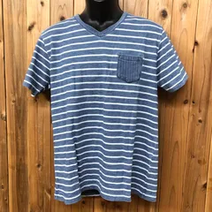 未使用 タグ付き M2SQUARED エムツースクエアード メンズL 半袖Tシャツ Ｖネック ボーダー柄 インディゴ染め ライトブルー 胸ポケット アメカジ サーフスタイルのサムネイル