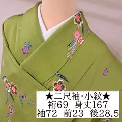 【小紋】正絹　袷 二尺袖　くすんだ黄緑地に型染風春秋柄　り28M08のサムネイル