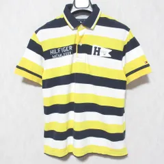 良品 TOMMY HILFIGER トミーヒルフィガー カスタムフィット ボーダーポロシャツ サイズM イエロー ネイビー メンズ 古着 中古 USED
