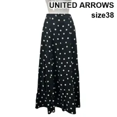 ◇ ユナイテッドアローズ UNITED ARROWS ロングスカート フレア Aライン ドット 水玉 リネン 白 黒 リネン 38 M 9号 レディース S6E253