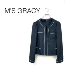 M'S GRACY エムズグレイシー パールパイピングノーカラーライトジャケット ボタンレス リボン柄 卒入学 size38 ブラック ポリエステル 綿のサムネイル