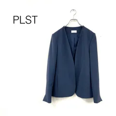 美品 PLST プラステ ノーカラージャケット 無地 総裏 Ｖネック ホック開き sizeL ネイビー トリアセテート ポリエステルのサムネイル