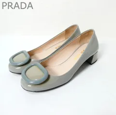 新品同様 訳あり プラダ PRADA パンプス パテントレザー エナメル バックル ラウンドトゥ ミドルヒール チャンキーヒール グレー サイズ35 約22cm レディースのサムネイル