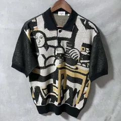 Gee Gellan Europe ジーゲラン 80's vintage 日本製 リネンアクリル アート 総柄 ジャガード ニット 半袖 ポロシャツ size.46 (M) ブラックのサムネイル