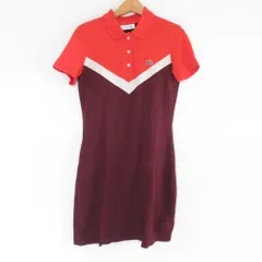 美品 LACOSTE ラコステ SLIM FIT ストレッチ カラーブロック 半袖 ひざ丈 ポロワンピース 34 レッド ボルドー レディース 古着 中古 USED
