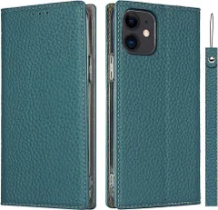iPhone12 mini ケース 手帳型 本革 ターコイズ ストラップ付き