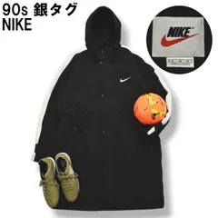 90s ヴィンテージ 銀タグ ナイキ NIKE ベンチ コート ロング ナイロン ジャンパー ウィンドブレーカー パーカー ロゴ 刺繍 裏地 中綿 キルティング L ブラック スポーツ メンズ