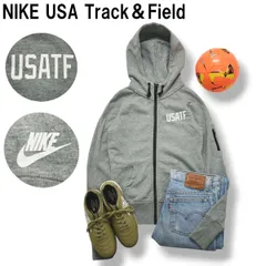 ナイキ NIKE USATF USA Track＆Field ジップ パーカー フーディー スウェット トレーナー ラグランスリーブ 裏地 パイル M グレー スポーツ ウェア レディース ♪
