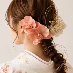 成人式☆振袖前撮り　胡蝶蘭　髪飾り　和装　結婚式ウエディング　金箔水引　かすみ草　ホワイト　ゴールド　赤