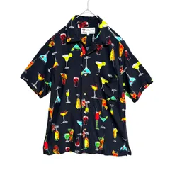 Roushatte アロハシャツ M ブラック カクテル柄 開襟 レーヨン100% 総柄 半袖 Hawaiian Shirt オープンカラー 黒のサムネイル