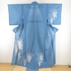 紬 着物 大島紬 花模様 青色x紫色 袷 広衿 カジュアル 仕立て上がり