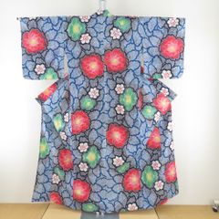紬 着物 大島紬 花模様 青色x紫色 袷 広衿 カジュアル 仕立て上がり 紬 着物 大島紬 花模様 青色x紫色 袷 広衿 カジュアル 仕立て上がり