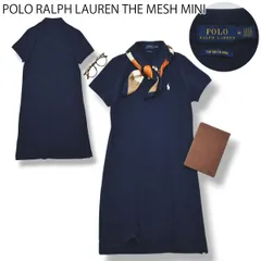 【美品】 ポロ ラルフローレン POLO RALPH LAUREN THE MESH MINI 半袖 ポロ シャツ ワンピース 膝下丈 鹿の子 サイドスリット ポニー ロゴ 刺繍 M ネイビー アメカジ トラッド レディース ♪