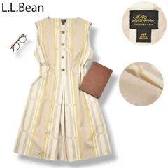 【ストレッチ】 エルエルビーン L.L.Bean ノースリーブ ゆったり Iライン 膝丈 コットン リネン ワンピース 14P 総柄 ベージュ×イエロー×オフホワイト レディース ♪のサムネイル