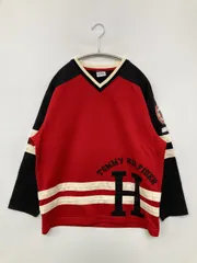 TOMMY HILFIGER トミーヒルフィガー Tシャツ/カットソー S/P レッド 前面プリント バックプリント ブランドロゴ ライン柄 ミドル丈 長袖 Vネック メンズ レディース