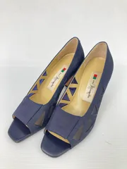 Ginza Kanematsu パンプス 23 1/2 D ネイビー スエード 無地 オープントゥ 太ヒール 5.1～7cm ストラップなし レディース