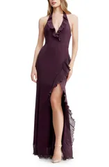 ドレスザポプレーション レディース トップス ワンピース フリル ホルター Dress the Population Kathleen Ruffle Halter Gown with Train Midnight Plum プラム