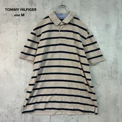 TOMMY HILFIGER トミーヒルフィガー L/C ボーダー柄 ネイビー ベージュ 半袖 ポロシャツ シャツ 襟付き トップス 鹿の子 フラッグ ロゴ 刺繍 アメカジ カジュアル プレッピー ゴルフ スポーツ ウエア ファッション 古着 ★ ■◆