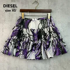 DIESEL ディーゼル XSサイズ パープル ブラック ボタニカル柄 ティアード ミニスカート フレア ギャザー フリル 総柄 シフォン ウエストゴム ボトムス スカート Aライン カジュアル モード 紫 黒 ★ ■◆のサムネイル
