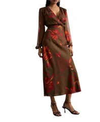 ウエアハウス レディース トップス ワンピース Vネック タイディテール プリント ミディ Warehouse Printed V Neck Tie Detail Midi Dress Brown ブのサムネイル