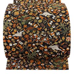 美品】 袋帯 逸品 河合美術織物 落款 鶴 宝尽くし 金糸 箔 黒 六通