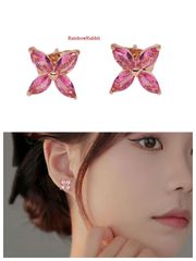 18K RGP ゴールドダイヤ CZ 赤ワイン色 四葉 フラワー ピアス gp5789
