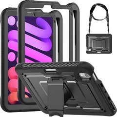 新品 Miimall 対応 iPad Mini 7（A17 Pro）/Mini 6 用ケース 横置きスタンド 耐衝撃 ペン収納 ショルダーストラップ付き アイパッド ミニ 第7 6世代専用カバー TPUフレーム 肩紐 現場 スポーツ アウトドア用（ブラック）