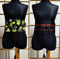 和洋折衷リメイク帯｜黒×赤 和柄×柚子柄 リバーシブル サッシュベルト 和モダン タッセル紐 帯ベルト　リバーシブル帯のサムネイル