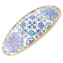 新品 【 浅草文庫 】 友禅染 バレッタ 花菱 はなびし 柄 ヘアークリップ 髪留め アクセサリー 浅草 文庫革 江戸小紋 ブルー