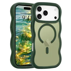 Pepmune iPhone 17 Pro Max 用 ケース MagSafe対応 ウェーブ 半透明 滑り止め おしゃれ 可愛い 韓国 耐衝撃 指紋防止 ワイヤレス充電 スマホケース ストラップホール付き(ダークグリーン)