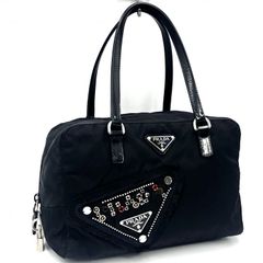 PRADA】ハンドバッグ 三角ロゴプレート ビジュ ナイロン ブラック 