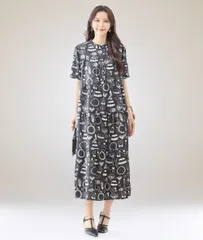 ファッションアイテム プリント ティアードワンピース ロングワンピース マキシ丈 ティアード ワンピ 大きめサイズ L LL 総柄 イラスト 半袖 ゆったり