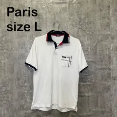【T-1387】Paris パリス 半袖ポロシャツ ホワイト 白 刺繍ロゴ ラインデザイン ゴルフウェア USA古着 90s レトロ スポーツMIX L相当 雰囲気系のサムネイル