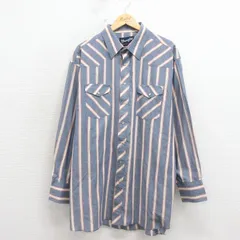 XL/古着 ラングラー 長袖 ウエスタン シャツ メンズ 大きいサイズ ロング丈 薄紺 ストライプ 26apr24のサムネイル