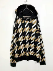 美品 HUGO BOSS ヒューゴ･ボス ハウンドトゥース ニット リラックスフィット オーガニックコットン プルオーバー パーカー sizeM/黒×茶×白 ■◇◎メンズ